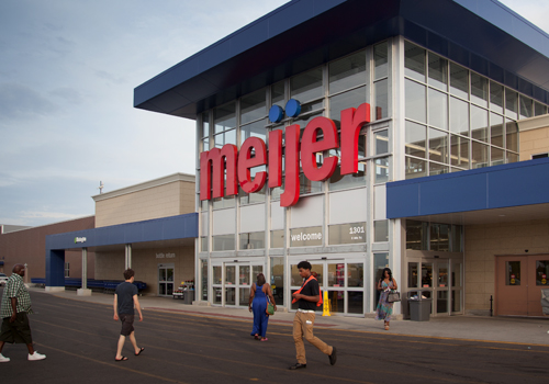 Meijer building with shoppers out front