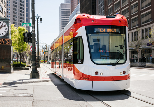 QLine streetcar in downtown Detroit