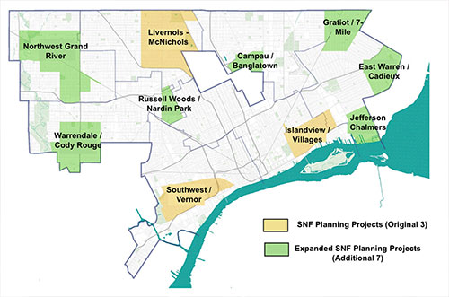 Map of Detroit with SNF planning projects and expanded SNF planning projects