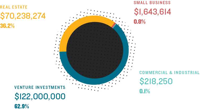 Pie chart of dollars leveraged; 36.2% real estate; 62.9% venture investments; 0.8% small business; 0.1% commercial and industrial